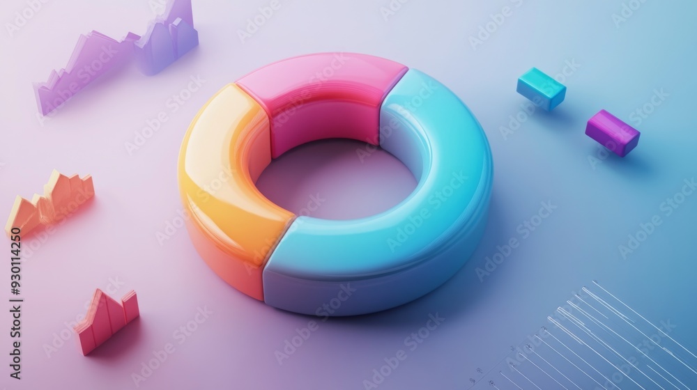 Poster a colorful 3d donut chart floating on a clean background, with different data segments separated and