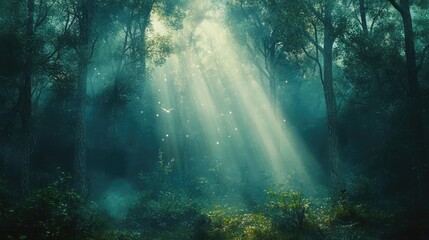 Fototapeta premium Mystical shards of light piercing through a veil of fog in a dense, enchanted forest, creating a magical atmosphere.