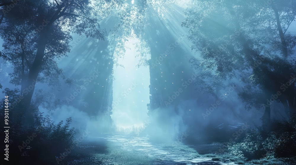Poster an enchanting scene with shards of light piercing through a mystical fog, casting a magical glow on 