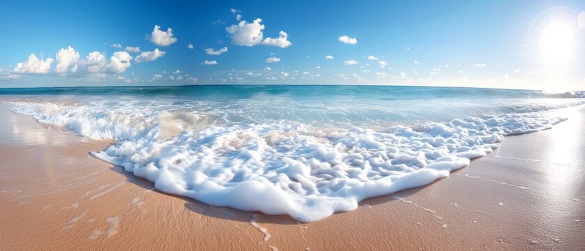  A beach scene with waves continually ebbing and flowing, and a sky adorned with blue hues and white clouds