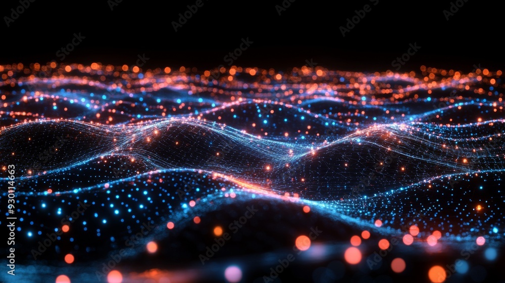 Poster a digital concept of neon electric waves intersecting over a dark background, representing wireless 