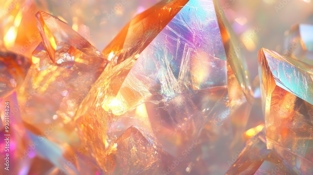 Poster an abstract image of shimmering aurora quartz with light playing off its facets, creating a mesmeriz