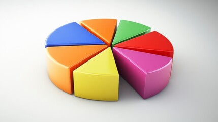 Obraz premium A dynamic 3D pie chart with segments in various bright colors, each section floating slightly above a white surface, symbolizing data analysis and statistics.