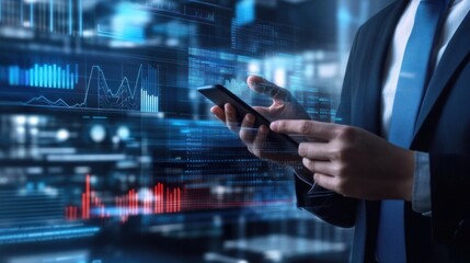 Fototapeta premium Business professional holding smartphone with virtual data and analytics displayed focused on business intelligence, technology and finance, working on data analysis