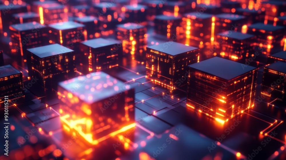 Fototapete A futuristic 3D heatmap with glowing cubes representing data intensity, displayed over a grid surface, emphasizing high-tech analytics and information flow.