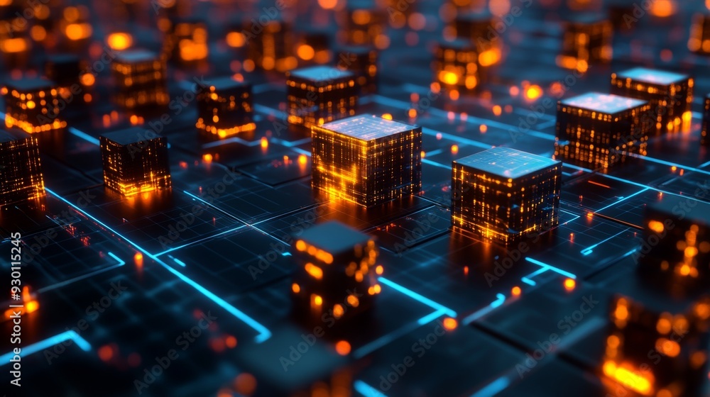 Fototapete A futuristic 3D heatmap with glowing cubes representing data intensity, displayed over a grid surface, emphasizing high-tech analytics and information flow.