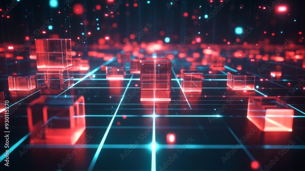 Fototapete A futuristic 3D heatmap with glowing cubes representing data intensity, displayed over a grid surface, emphasizing high-tech analytics and information flow.