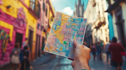 Obraz premium A close-up of a hand holding a detailed tourist map in the vibrant streets of Mexico City, capturing the colorful murals, historic architecture, and lively atmosphere under the bright, warm sunlight