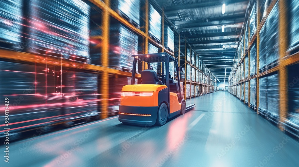 Poster automated forklift in action within a warehouse, powered by ai and machine learning, representing th