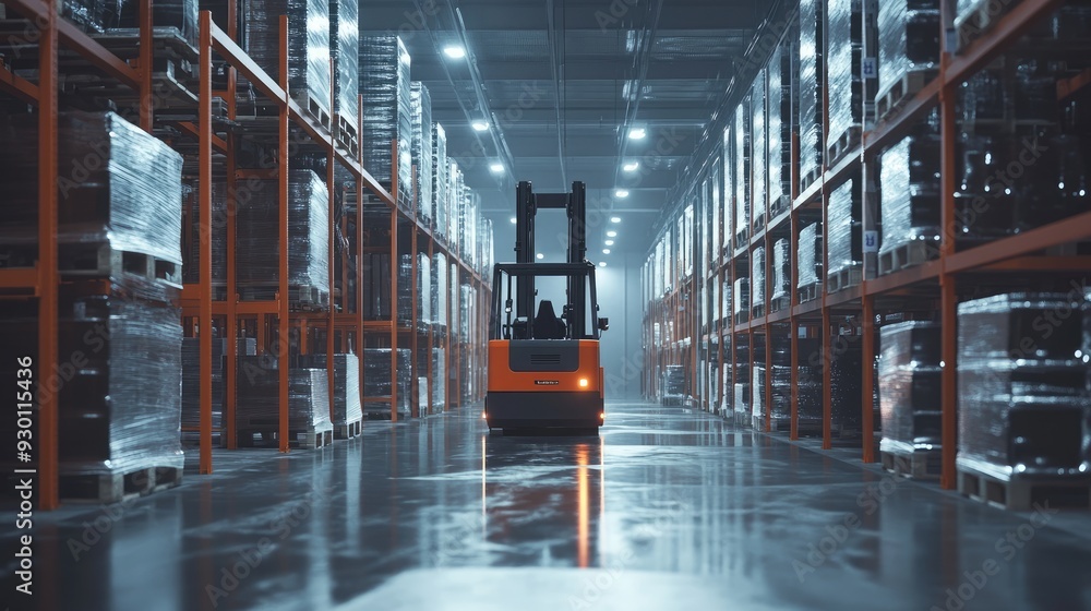 Poster automated forklift in action within a warehouse, powered by ai and machine learning, representing th