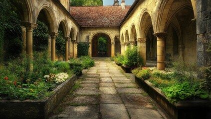 Obraz premium Stone arches lead to a paved courtyard with greenery.