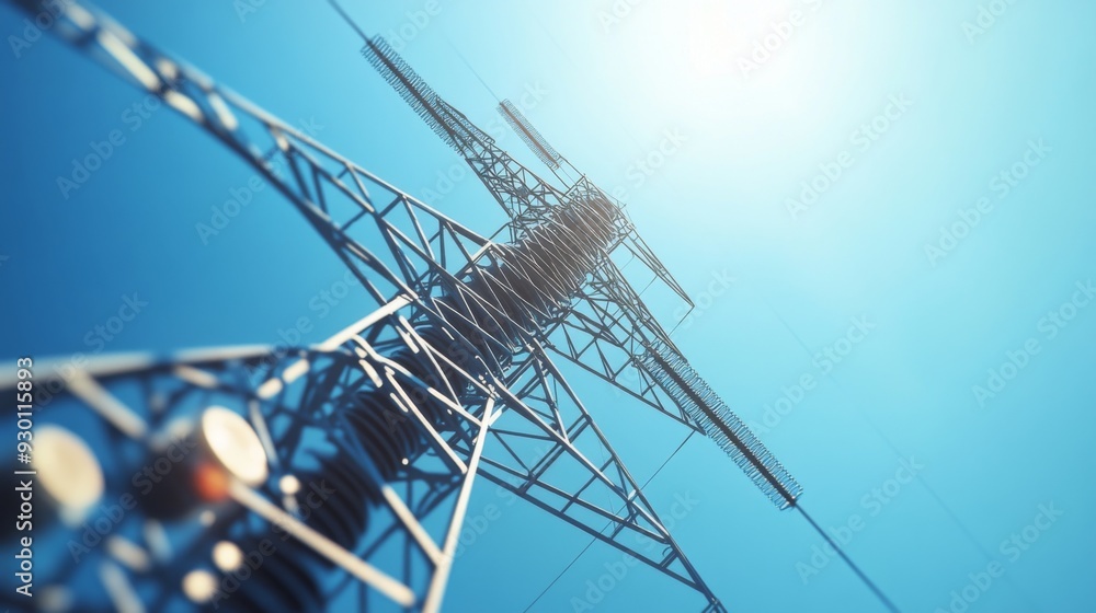 Poster a high-resolution close-up of a power transmission tower, focusing on the metal framework and insula