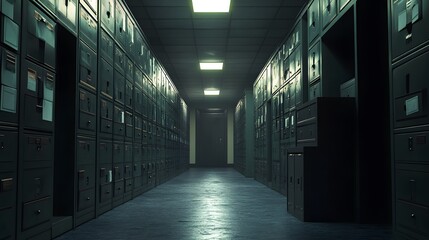 A dark, labyrinthine hallway lined with filing cabinets full of legal documents, dim, flickering fluorescent lights, gritty and detailed textures, mood of being lost in a bureaucratic maze of