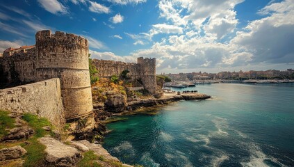 Naklejka premium Stone fortress overlooking turquoise sea and boats.