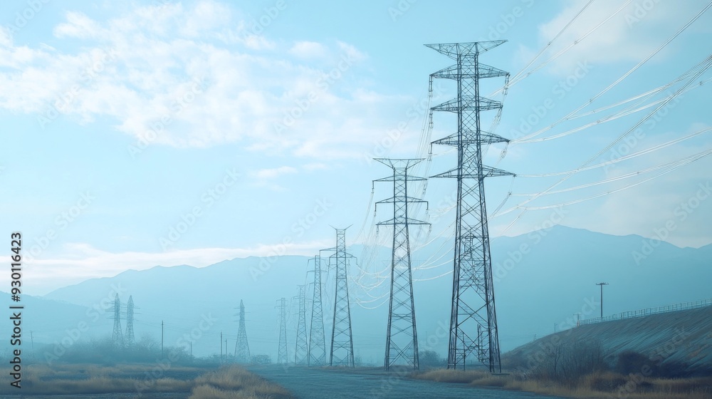 Poster A high-resolution shot of multiple electricity transmission towers lined up in a row, emphasizing their scale and the extensive network of power lines.