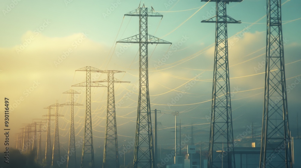 Poster A high-resolution shot of multiple electricity transmission towers lined up in a row, emphasizing their scale and the extensive network of power lines.