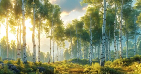 Obraz premium A picturesque forest scene with sunlight filtering through the trees