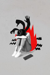 Vertical photo collage of upset girl hug knee cry bullying hands threat cyberbully attack dislike...
