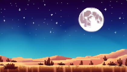 pixel art desert scene with night sky and full moon for game background design