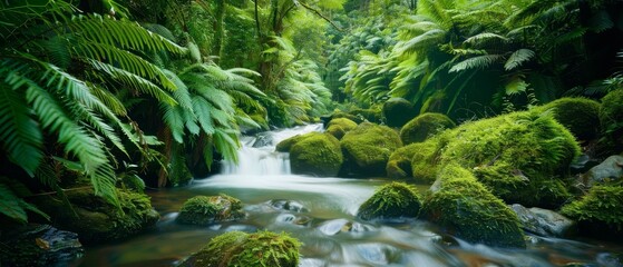 Fototapeta premium A stream winds through a verdant forest teeming with trees and foliage on both banks