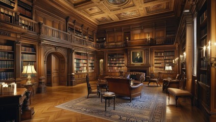 Ornate wooden library with bookshelves and furniture.