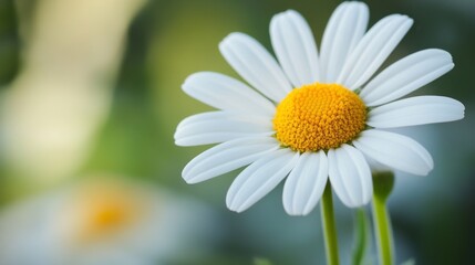 Obraz premium A macro view of a daisy with crisp white petals and a bright yellow center, capturing the simplicity and beauty of this classic flower.