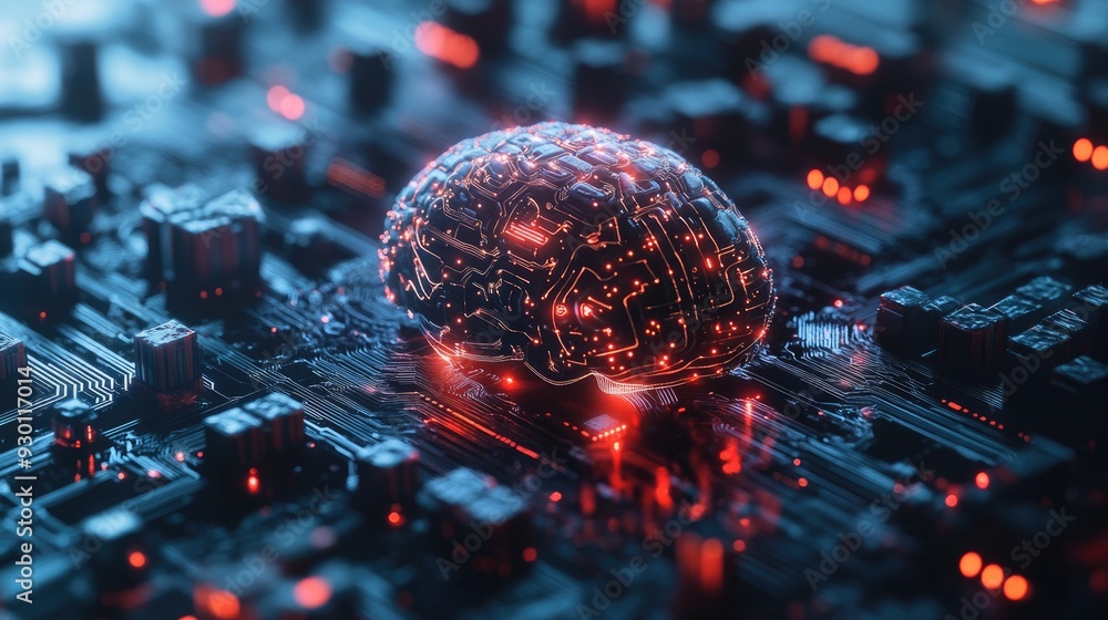 Poster electronic cyber brain with neural circuits, representing advances in ai, biotechnology, and quantum