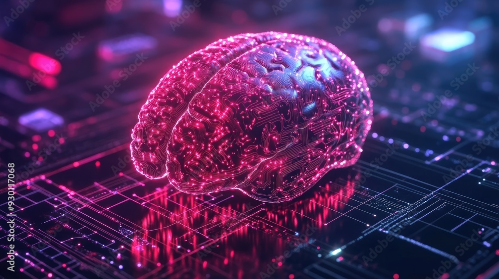 Poster electronic cyber brain with neural circuits, representing advances in ai, biotechnology, and quantum