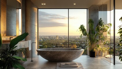 Modern bathroom with bathtub and city view.