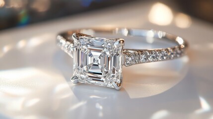 A radiant diamond ring placed on a clean white surface, with the stone's intricate cuts and sparkle taking center stage.