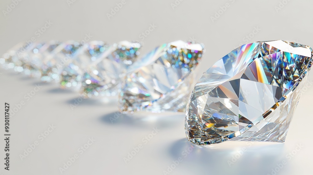Poster A row of shimmering diamonds lined up neatly on a pure white background, their facets catching and refracting light in every direction.