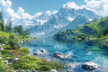 Serene Alpine Landscape, Lake, Mountain Range, Nature, Hiking, Camping