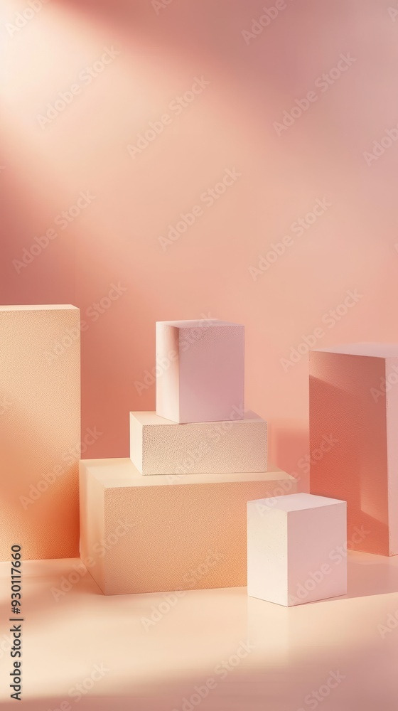 Poster three differently sized cube podiums in soft shades rest against a pastel pink backdrop, illuminated