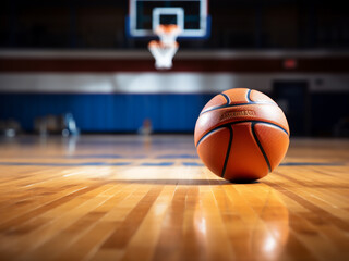 Basketball ball on parquet flooring, team and referee present