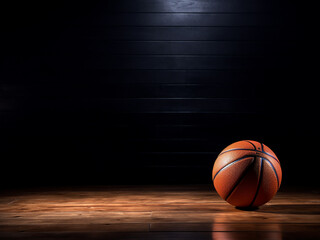 Obraz premium Basketball ball on wooden table against dark background, room for text