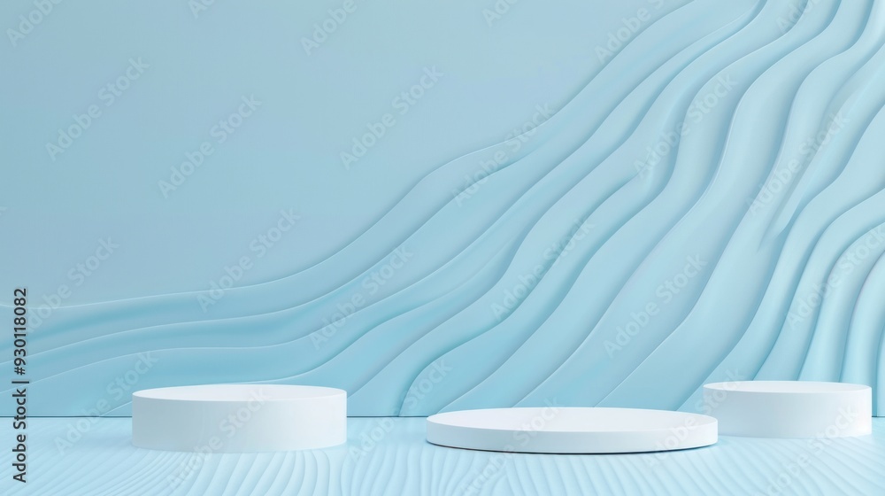 Leinwandbilder Minimalist podiums are arranged in front of a soft pastel blue background with fluid wavy patterns, creating an inviting atmosphere for events