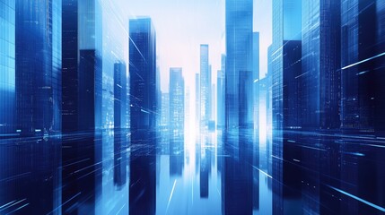 Fototapeta premium Graphic perspective of smart city skyscrapers, with futuristic design and reflections, creating a corporate and modern aesthetic