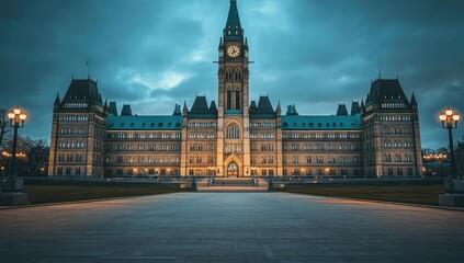 Naklejka premium Parliament building at dusk with cobblestones.