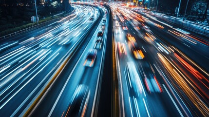 High-speed traffic on a city highway during evening rush hour, with car headlights creating abstract light trails.