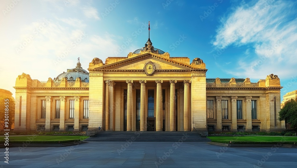 Poster a grand building with columns and a courtyard.