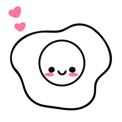 A cute pink and black cartoon fried egg with a smiling face and pink hearts floating around it