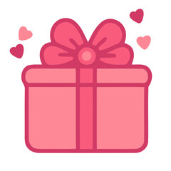 A pink gift box with a large pink flower on top, surrounded by smaller pink heart shapes