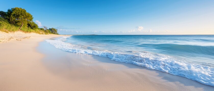  A sandy beach with waves gently rolling in and out, and trees lining the opposite shore