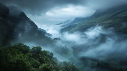 A misty mountain landscape with a valley shrouded in fog.