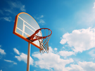 Basketball hoop with a backdrop of a blue sky