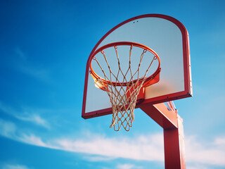Basketball hoop with a clear blue sky in the background