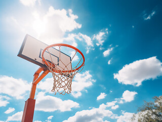 Basketball hoop framed by a blue sky background