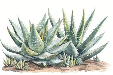 Fototapeta premium A botanical illustration of an aloe vera plant, highlighting its thick, spiky leaves and a cross-section showing the gel inside