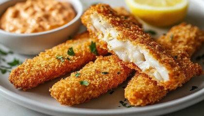 Delicious crispy fried fish sticks served with dipping sauce and lemon