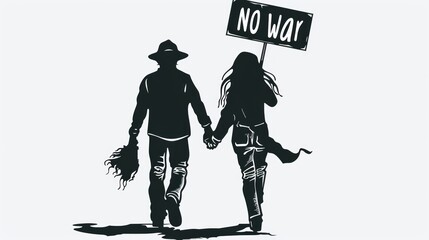 
Two anti-war people walk holding hands. The cardboard they carry says no to war